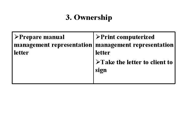 3. Ownership ØPrepare manual ØPrint computerized management representation letter ØTake the letter to client