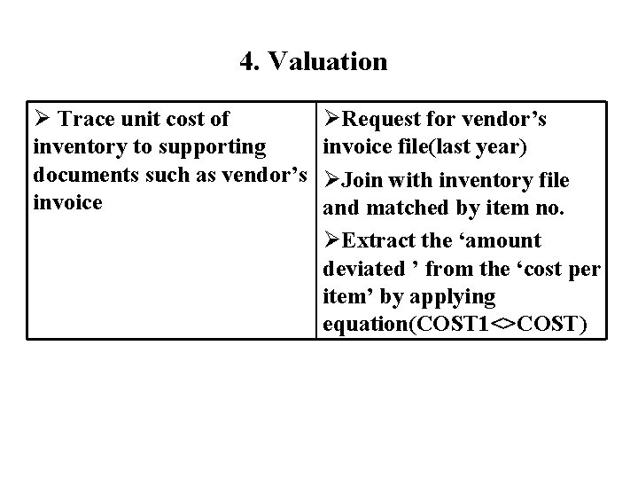 4. Valuation Ø Trace unit cost of inventory to supporting documents such as vendor’s