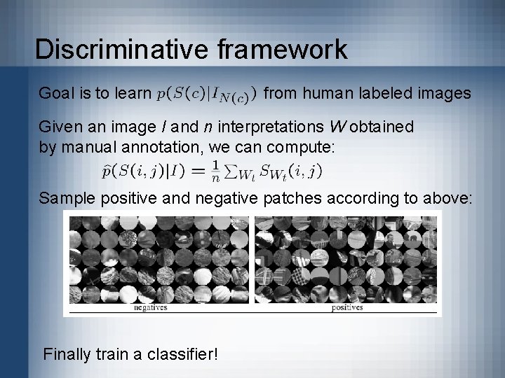 Discriminative framework Goal is to learn from human labeled images Given an image I