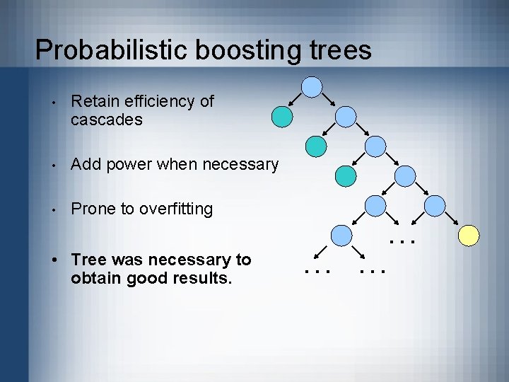 Probabilistic boosting trees • Retain efficiency of cascades • Add power when necessary •