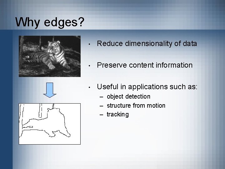 Why edges? • Reduce dimensionality of data • Preserve content information • Useful in
