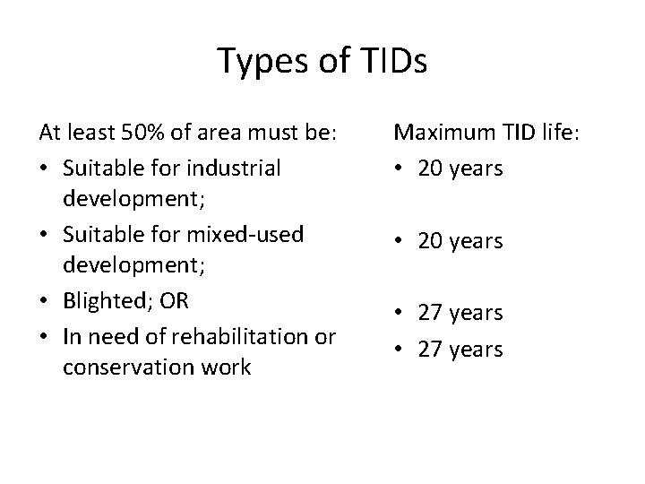 Types of TIDs At least 50% of area must be: • Suitable for industrial