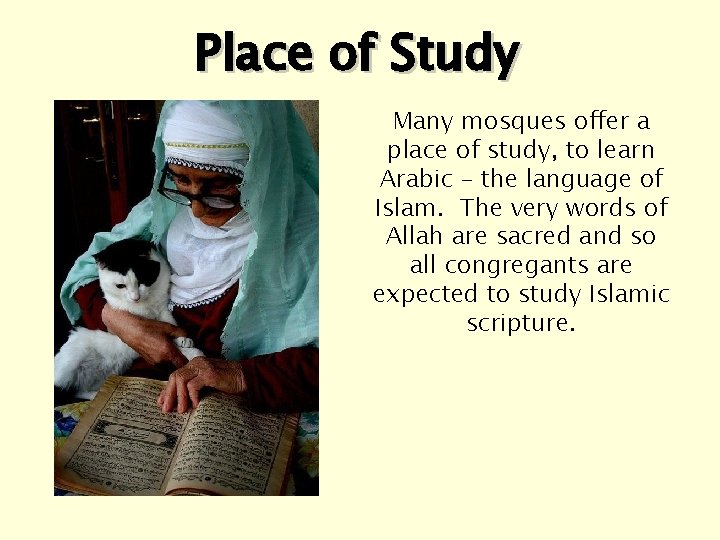 Place of Study Many mosques offer a place of study, to learn Arabic –