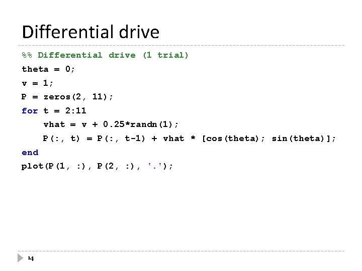 Differential drive %% Differential drive (1 trial) theta = 0; v = 1; P