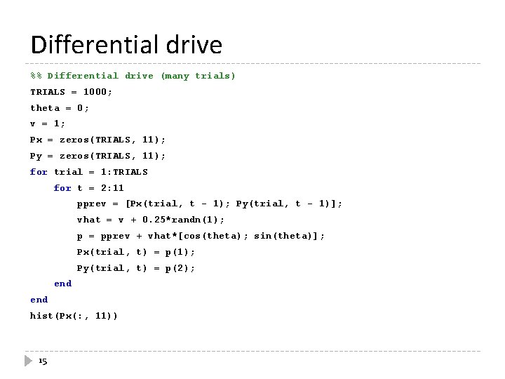 Differential drive %% Differential drive (many trials) TRIALS = 1000; theta = 0; v