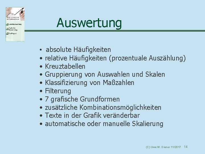 Auswertung • • • absolute Häufigkeiten relative Häufigkeiten (prozentuale Auszählung) Kreuztabellen Gruppierung von Auswahlen