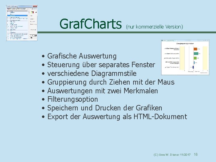 Graf. Charts • • (nur kommerzielle Version) Grafische Auswertung Steuerung über separates Fenster verschiedene