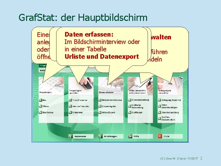 Graf. Stat: der Hauptbildschirm Daten erfassen: Einen neuen Fragebogen gestalten, Befragung auswerten Befragungen verwalten