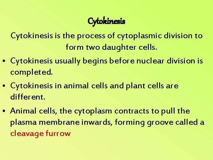 Cytokinesis is the process of cytoplasmic division to form two daughter cells. • Cytokinesis