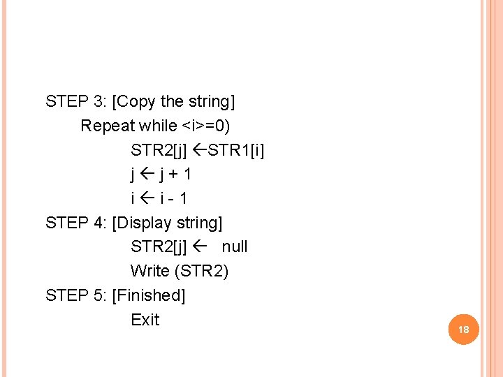 STEP 3: [Copy the string] Repeat while <i>=0) STR 2[j] STR 1[i] j j+1