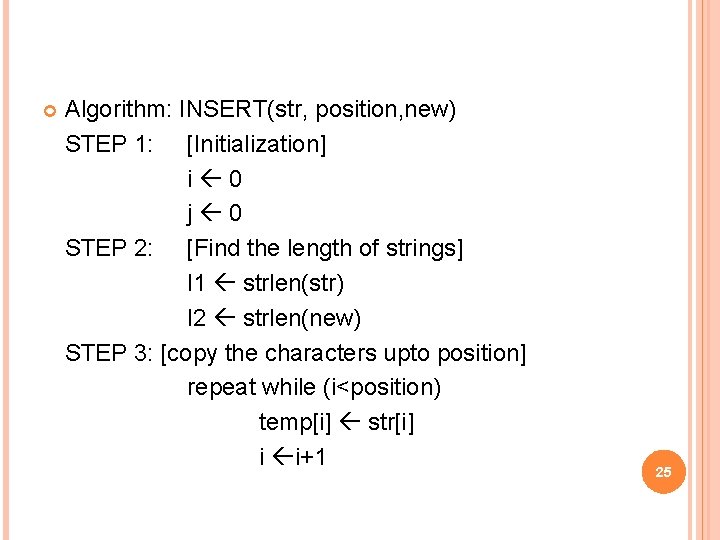  Algorithm: INSERT(str, position, new) STEP 1: [Initialization] i 0 j 0 STEP 2: