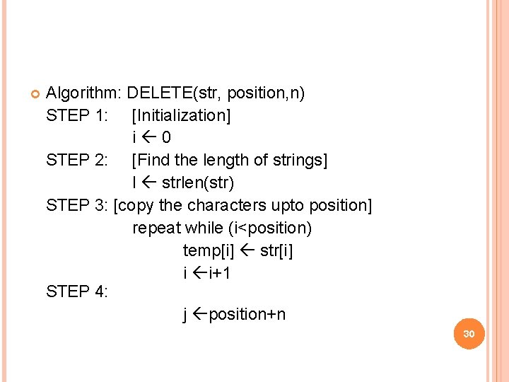  Algorithm: DELETE(str, position, n) STEP 1: [Initialization] i 0 STEP 2: [Find the