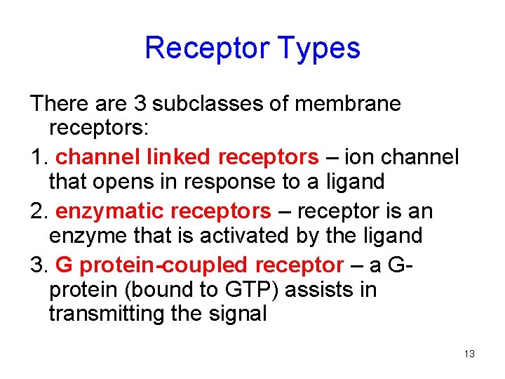 Receptor Types There are 3 subclasses of membrane receptors: 1. channel linked receptors –