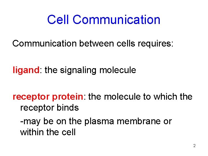 Cell Communication between cells requires: ligand: the signaling molecule receptor protein: the molecule to