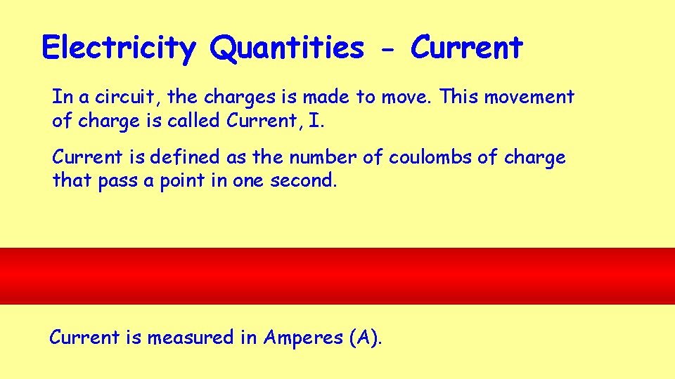 Electricity Quantities - Current In a circuit, the charges is made to move. This