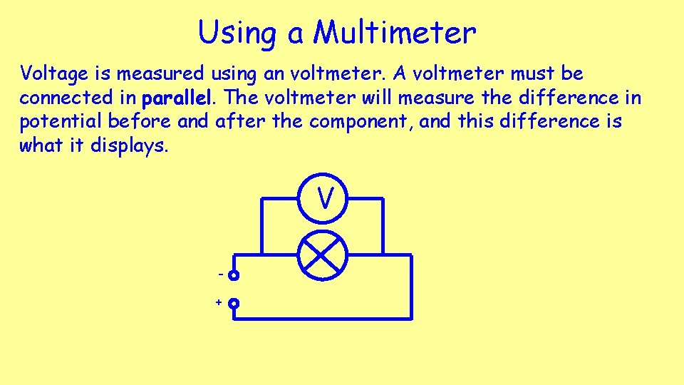 Using a Multimeter Voltage is measured using an voltmeter. A voltmeter must be connected