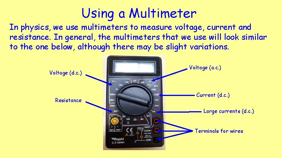 Using a Multimeter In physics, we use multimeters to measure voltage, current and resistance. Using a Multimeter In physics, we use multimeters to measure voltage, current and resistance.