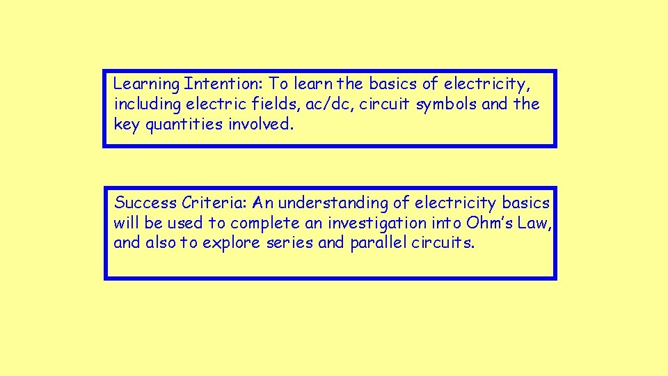 Learning Intention: To learn the basics of electricity, including electric fields, ac/dc, circuit symbols