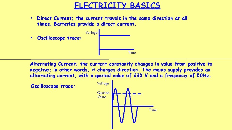 ELECTRICITY BASICS • Direct Current; the current travels in the same direction at all