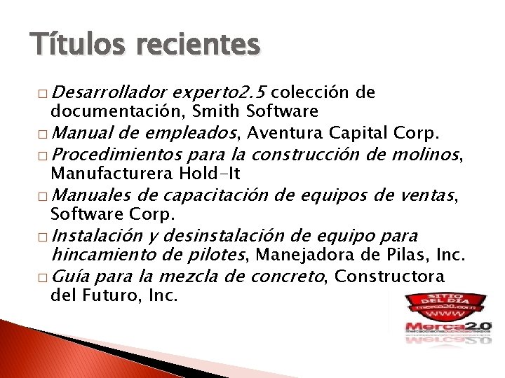 Títulos recientes � Desarrollador experto 2. 5 colección de documentación, Smith Software � Manual