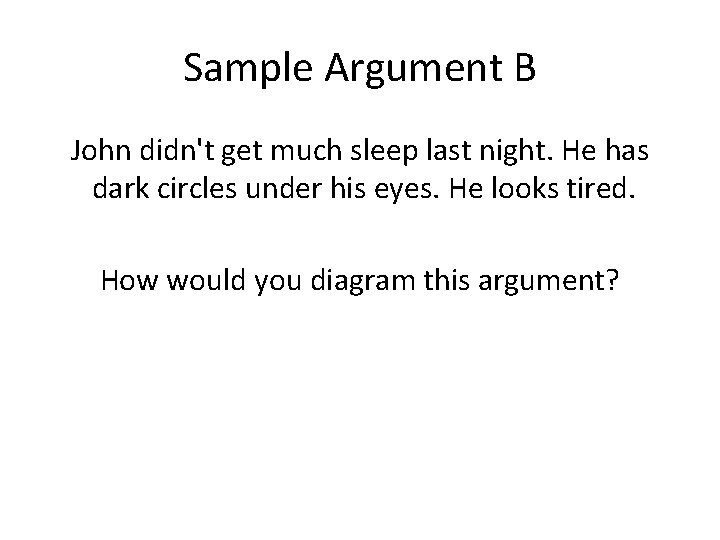 Sample Argument B John didn't get much sleep last night. He has dark circles