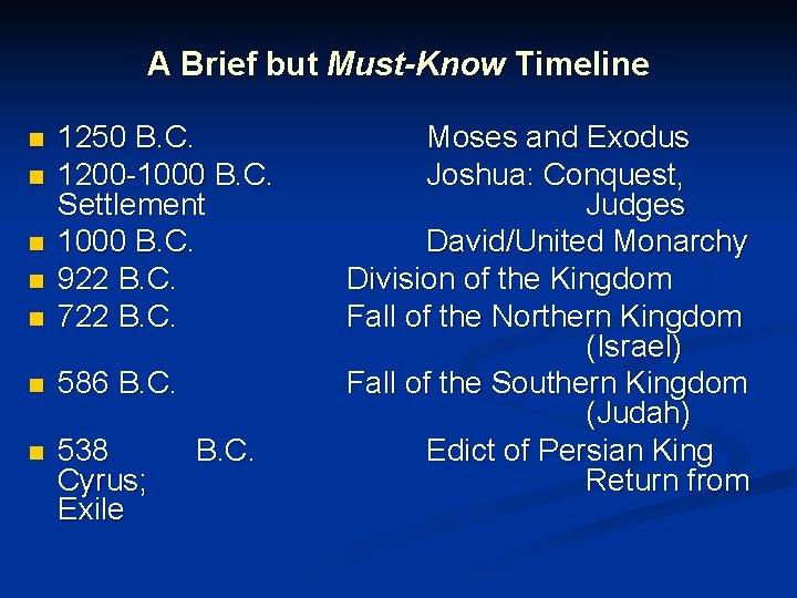 A Brief but Must-Know Timeline n 1250 B. C. 1200 -1000 B. C. Settlement