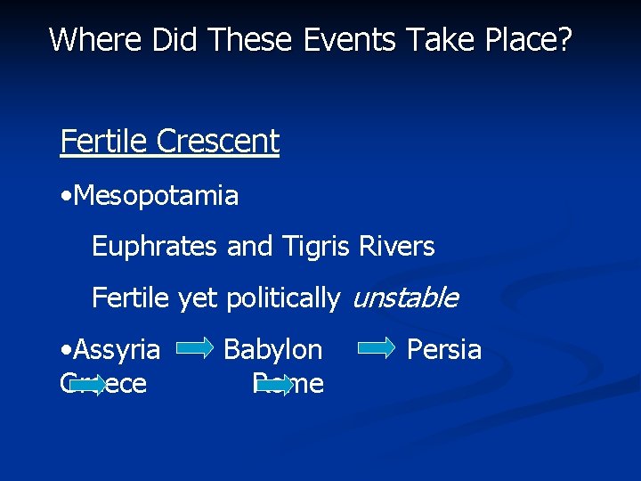 Where Did These Events Take Place? Fertile Crescent • Mesopotamia Euphrates and Tigris Rivers