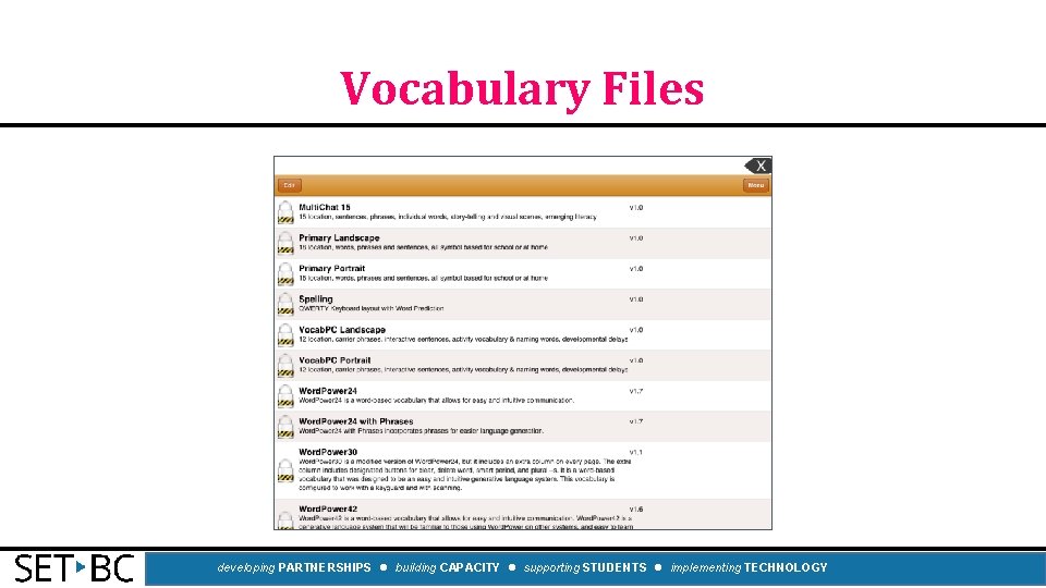 Vocabulary Files developing PARTNERSHIPS building CAPACITY supporting STUDENTS implementing TECHNOLOGY 