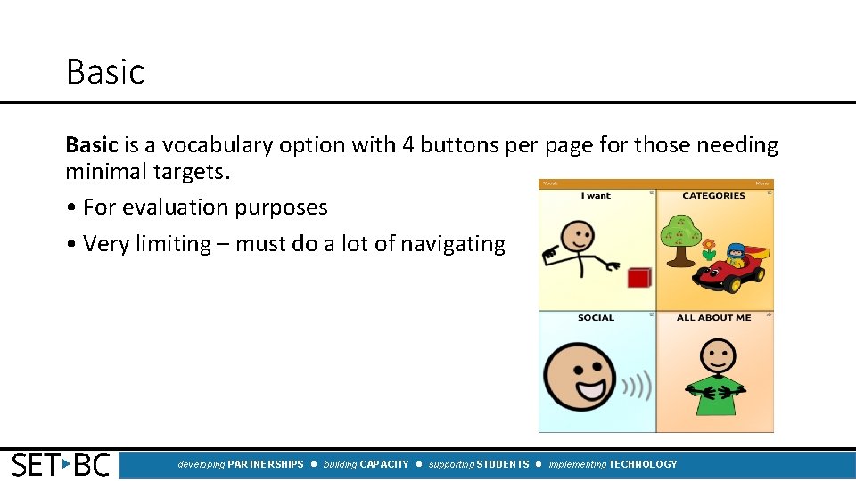Basic is a vocabulary option with 4 buttons per page for those needing minimal