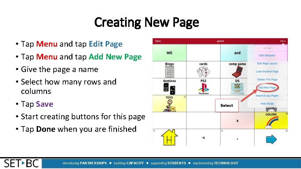 Creating New Page • Tap Menu and tap Edit Page • Tap Menu and