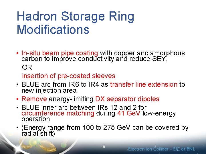 Hadron Storage Ring Modifications • In-situ beam pipe coating with copper and amorphous carbon