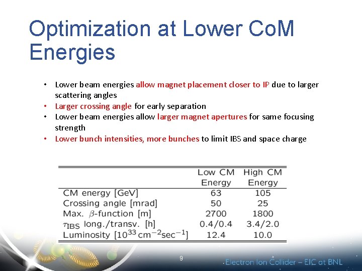Optimization at Lower Co. M Energies • Lower beam energies allow magnet placement closer