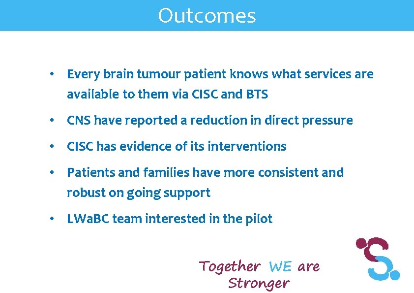 Outcomes • Every brain tumour patient knows what services are available to them via