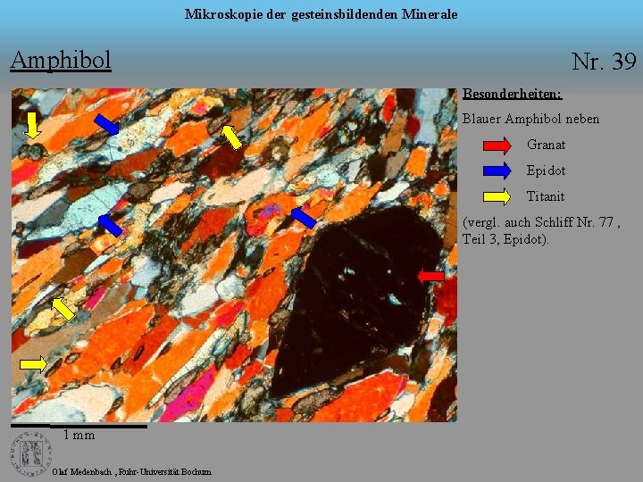 Mikroskopie der gesteinsbildenden Minerale Amphibol Nr. 39 Besonderheiten: Blauer Amphibol neben Granat Epidot Titanit