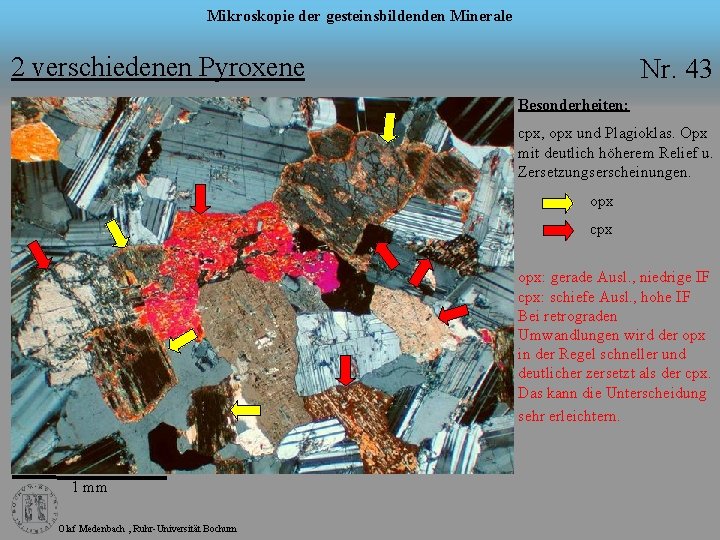 Mikroskopie der gesteinsbildenden Minerale 2 verschiedenen Pyroxene Nr. 43 Besonderheiten: cpx, opx und Plagioklas.