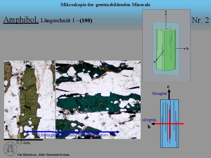 Mikroskopie der gesteinsbildenden Minerale Amphibol, Längsschnitt 1 ~(100) Nr. 2 c blaugrün olivgrün b