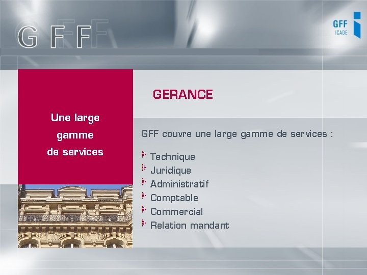 GERANCE Une large gamme de services GFF couvre une large gamme de services :