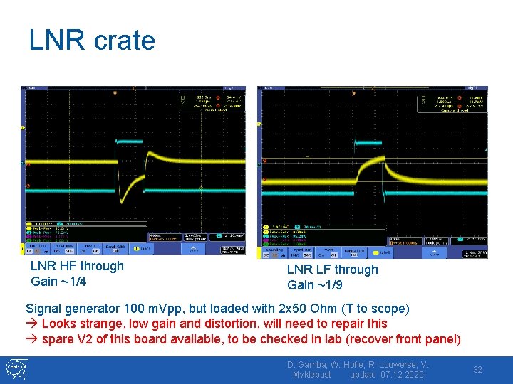 LNR crate LNR HF through Gain ~1/4 LNR LF through Gain ~1/9 Signal generator