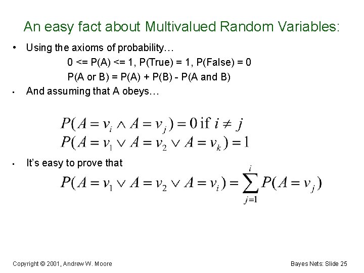 An easy fact about Multivalued Random Variables: • Using the axioms of probability… 0