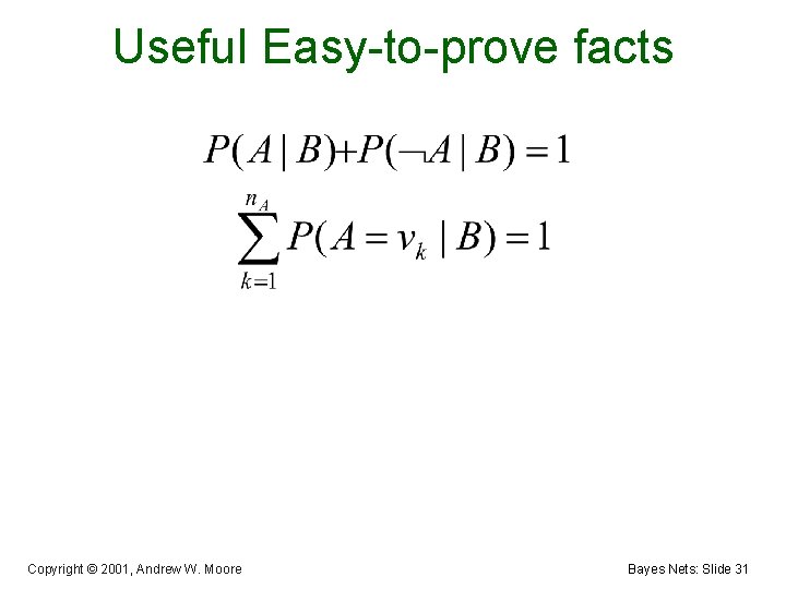 Useful Easy-to-prove facts Copyright © 2001, Andrew W. Moore Bayes Nets: Slide 31 