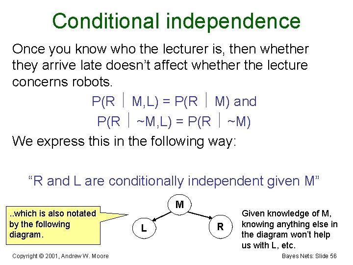 Conditional independence Once you know who the lecturer is, then whether they arrive late