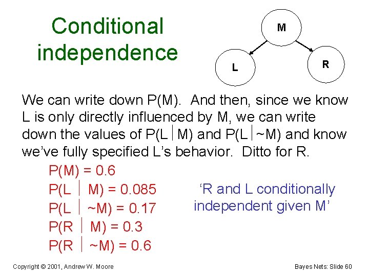 Conditional independence M L R We can write down P(M). And then, since we
