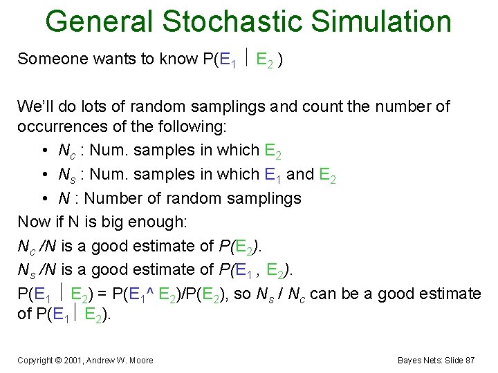 General Stochastic Simulation Someone wants to know P(E 1 E 2 ) We’ll do