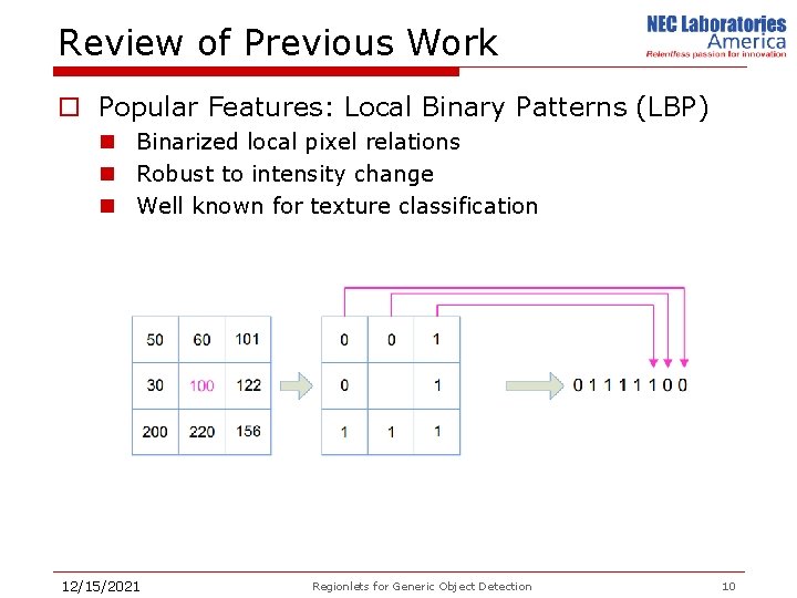 Review of Previous Work o Popular Features: Local Binary Patterns (LBP) n Binarized local