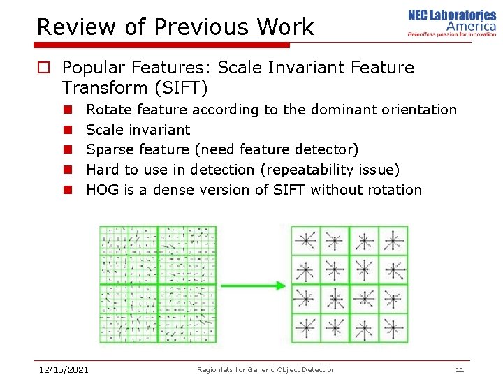 Review of Previous Work o Popular Features: Scale Invariant Feature Transform (SIFT) n n