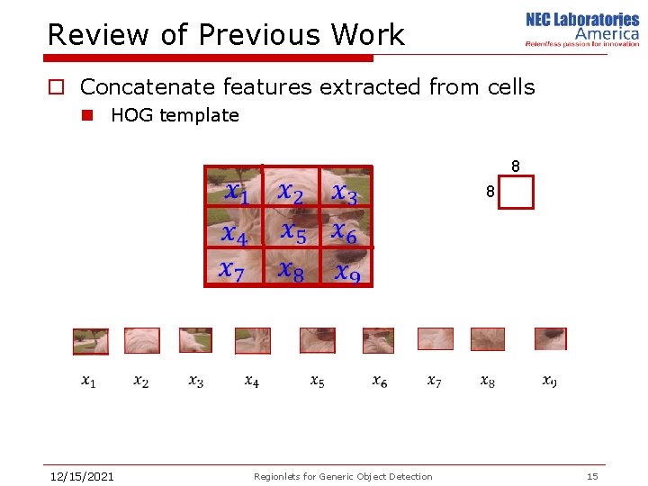 Review of Previous Work o Concatenate features extracted from cells n HOG template 8