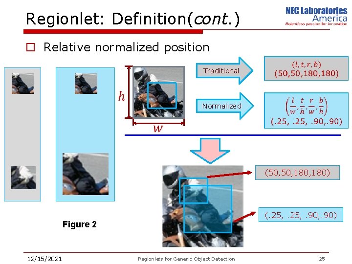 Regionlet: Definition(cont. ) o Relative normalized position Traditional Normalized (50, 180, 180) (. 25,