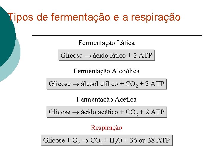 Tipos de fermentação e a respiração Fermentação Lática Glicose ácido lático + 2 ATP