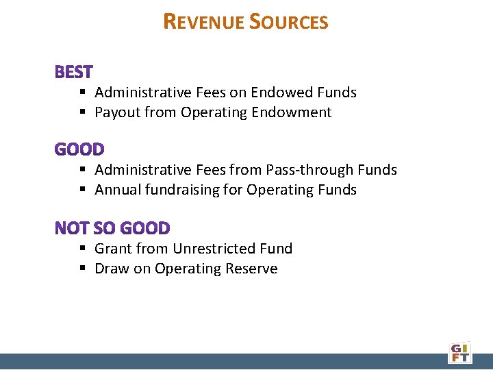 REVENUE SOURCES § Administrative Fees on Endowed Funds § Payout from Operating Endowment §