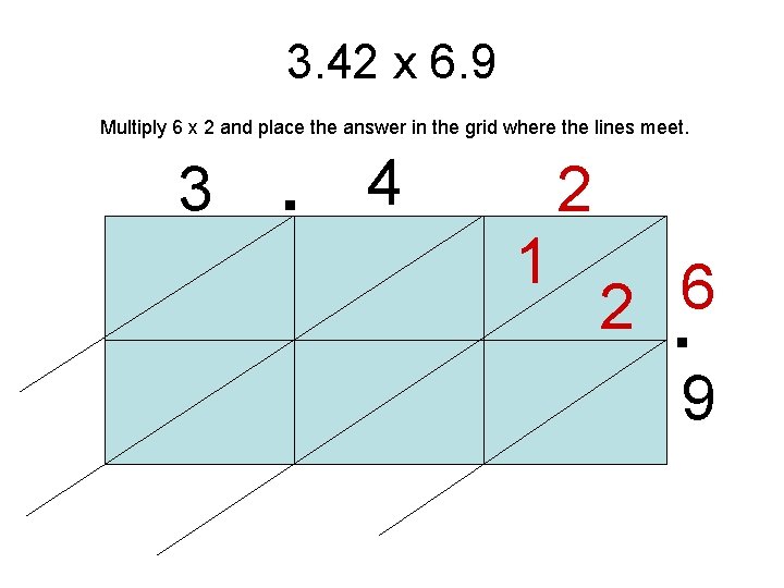 3. 42 x 6. 9 . Multiply 6 x 2 and place the answer